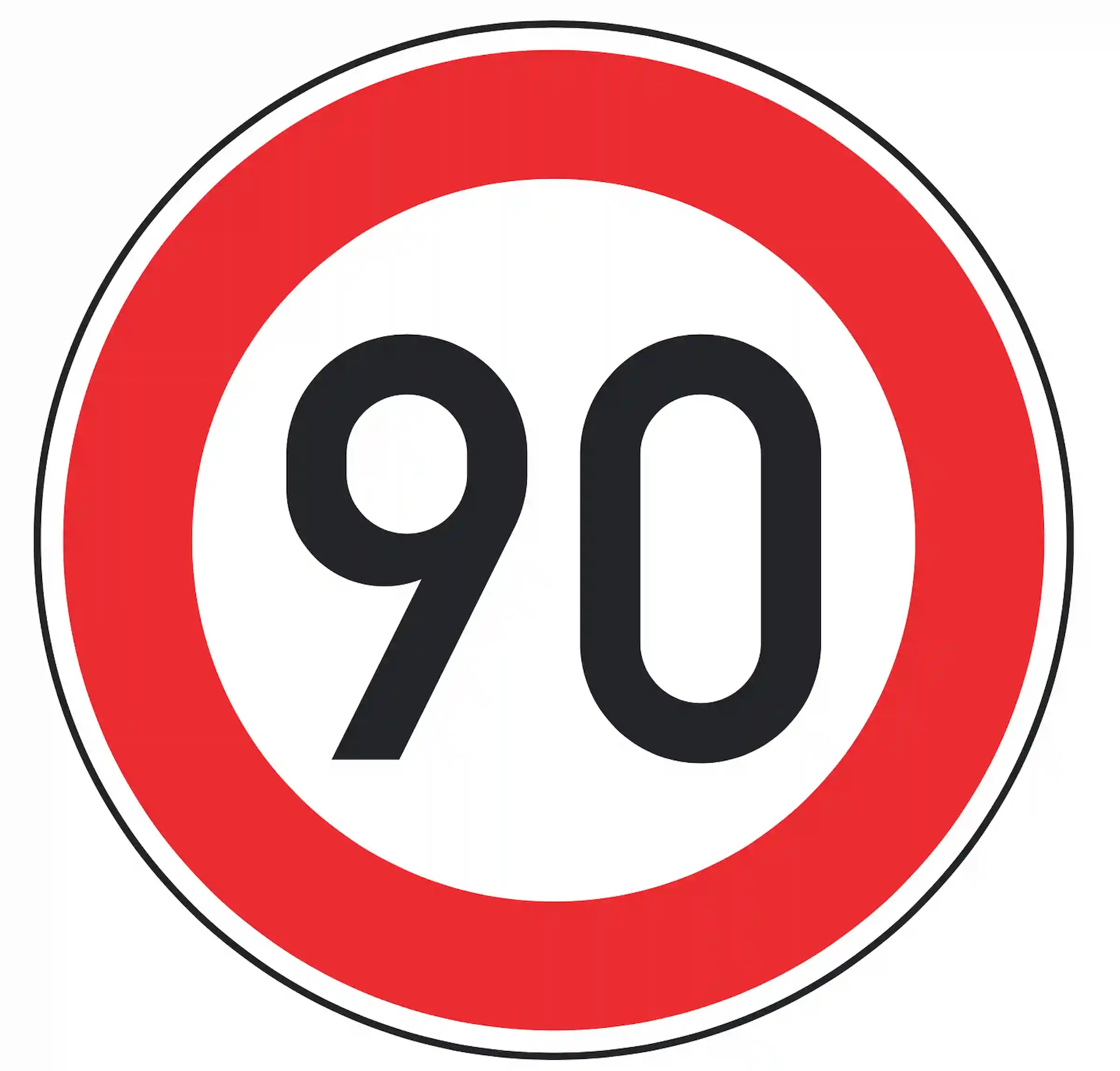 Verkehrszeichen 274-90: weißes Rundschild mit Ziffer 90 – zulässige Höchst­geschwindigkeit 90 km/h.