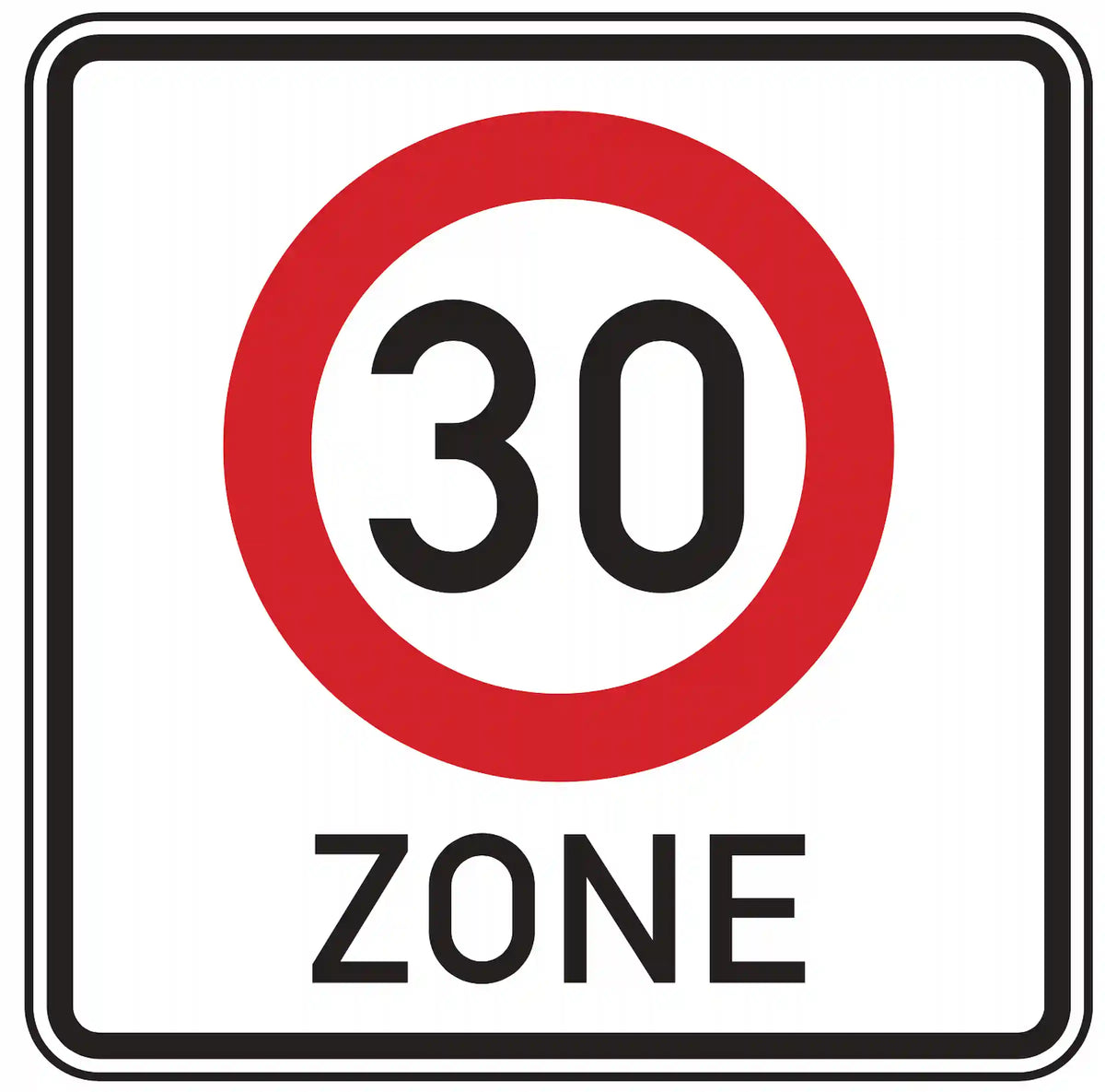 Verkehrszeichen 274.1: blaues Quadrat mit weißer „30“ – Beginn einer Tempo-30-Zone.
