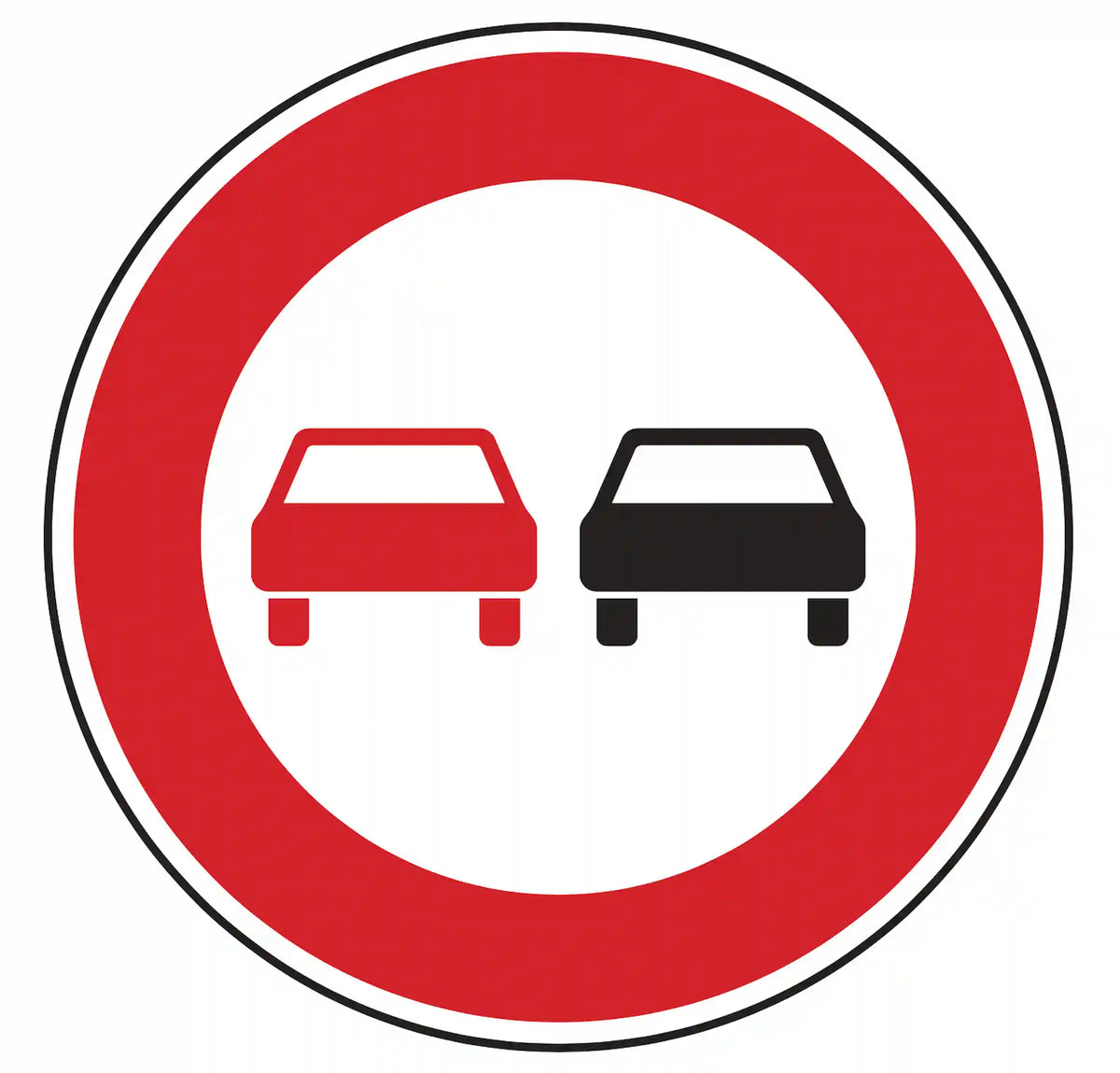 Verkehrszeichen 276: rundes Schild, rotes Auto neben grauem Auto – Überholverbot für alle Kraftfahrzeuge.