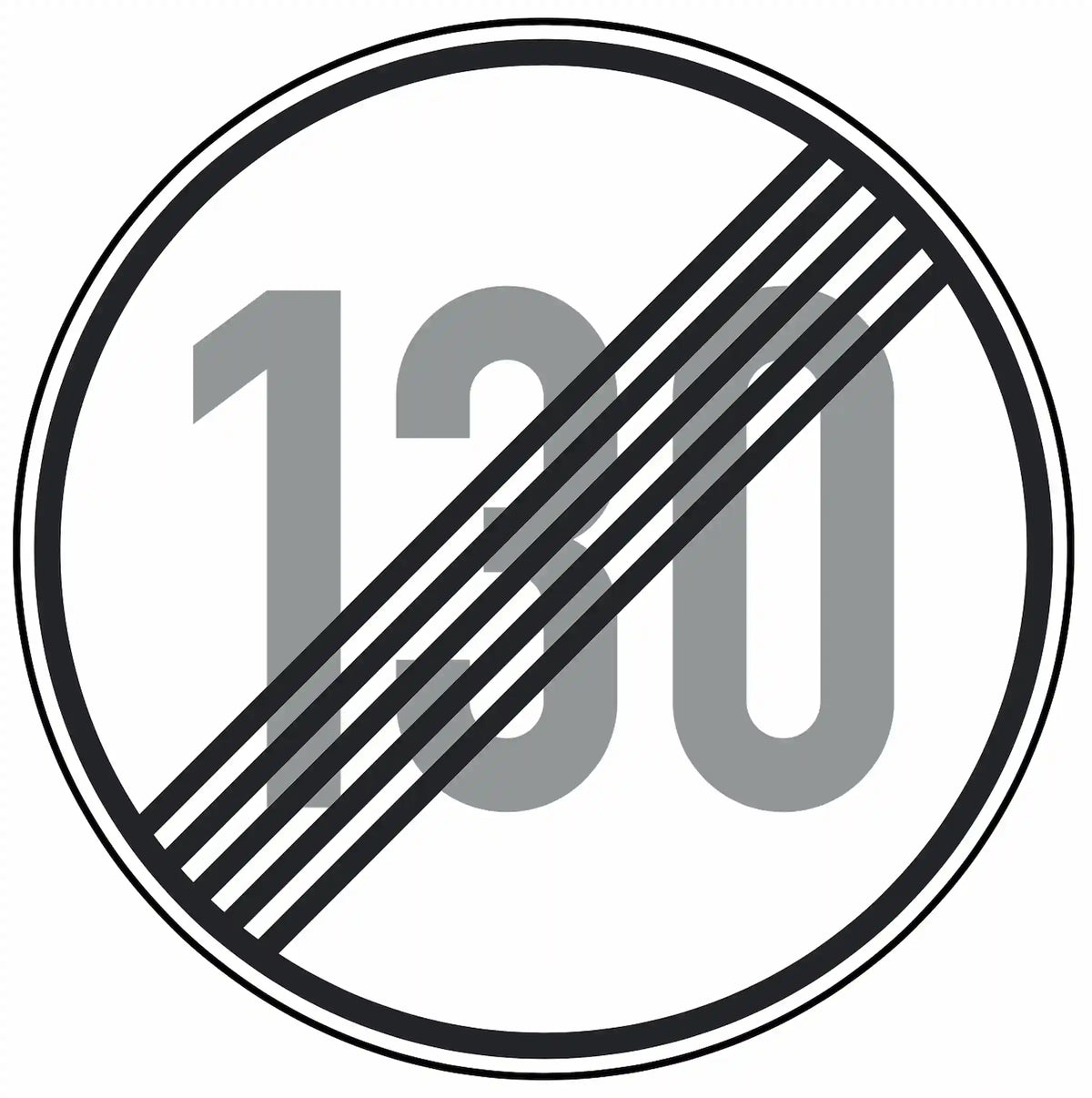 Verkehrszeichen 278-130: Rundschild, durchgestrichene „130“ – Ende der Höchst­­geschwindigkeit 130 km/h.