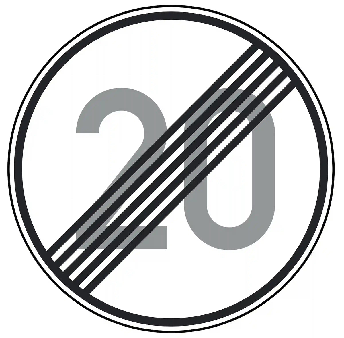 Verkehrszeichen 278-20: Rundschild, durchgestrichene „20“ – Ende der Höchst­geschwindigkeit 20 km/h.