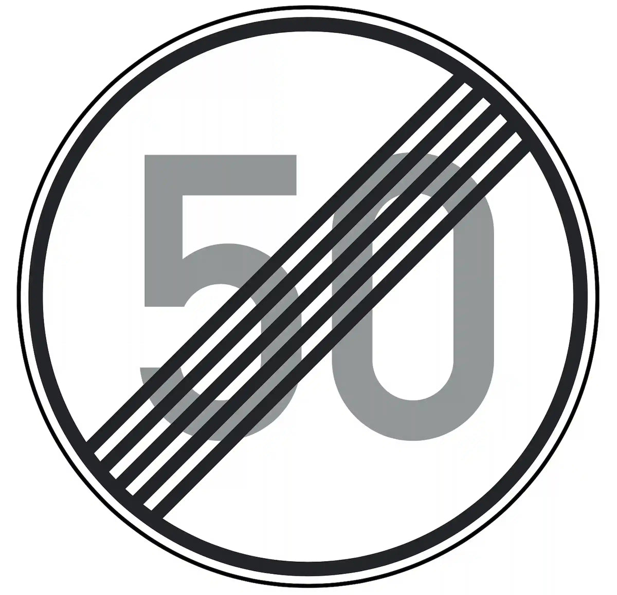 Verkehrszeichen 278-50: Rundschild, durchgestrichene „50“ – Ende der Höchst­geschwindigkeit 50 km/h.