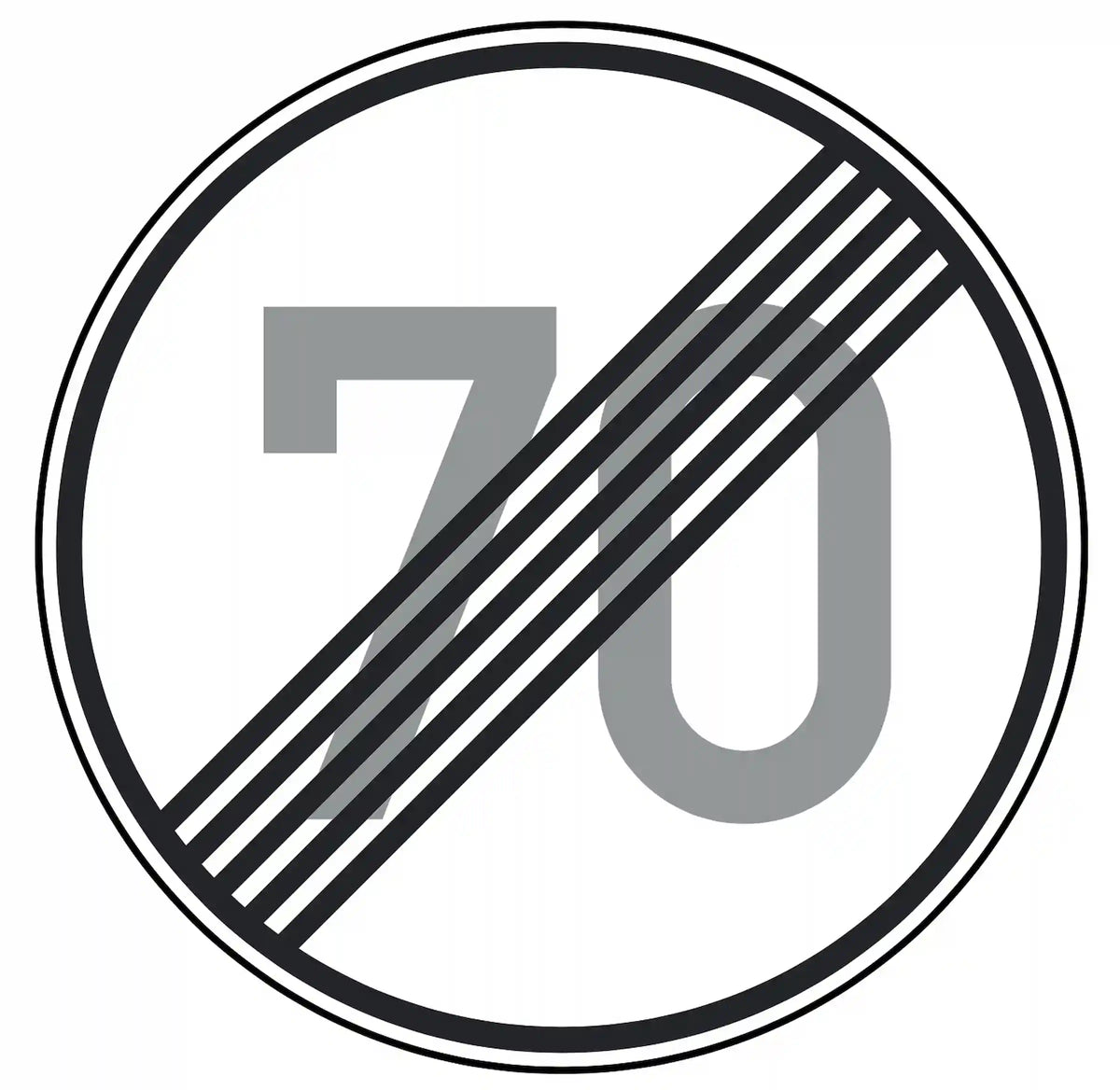 Verkehrszeichen 278-70: Rundschild, durchgestrichene „70“ – Ende der Höchst­geschwindigkeit 70 km/h.