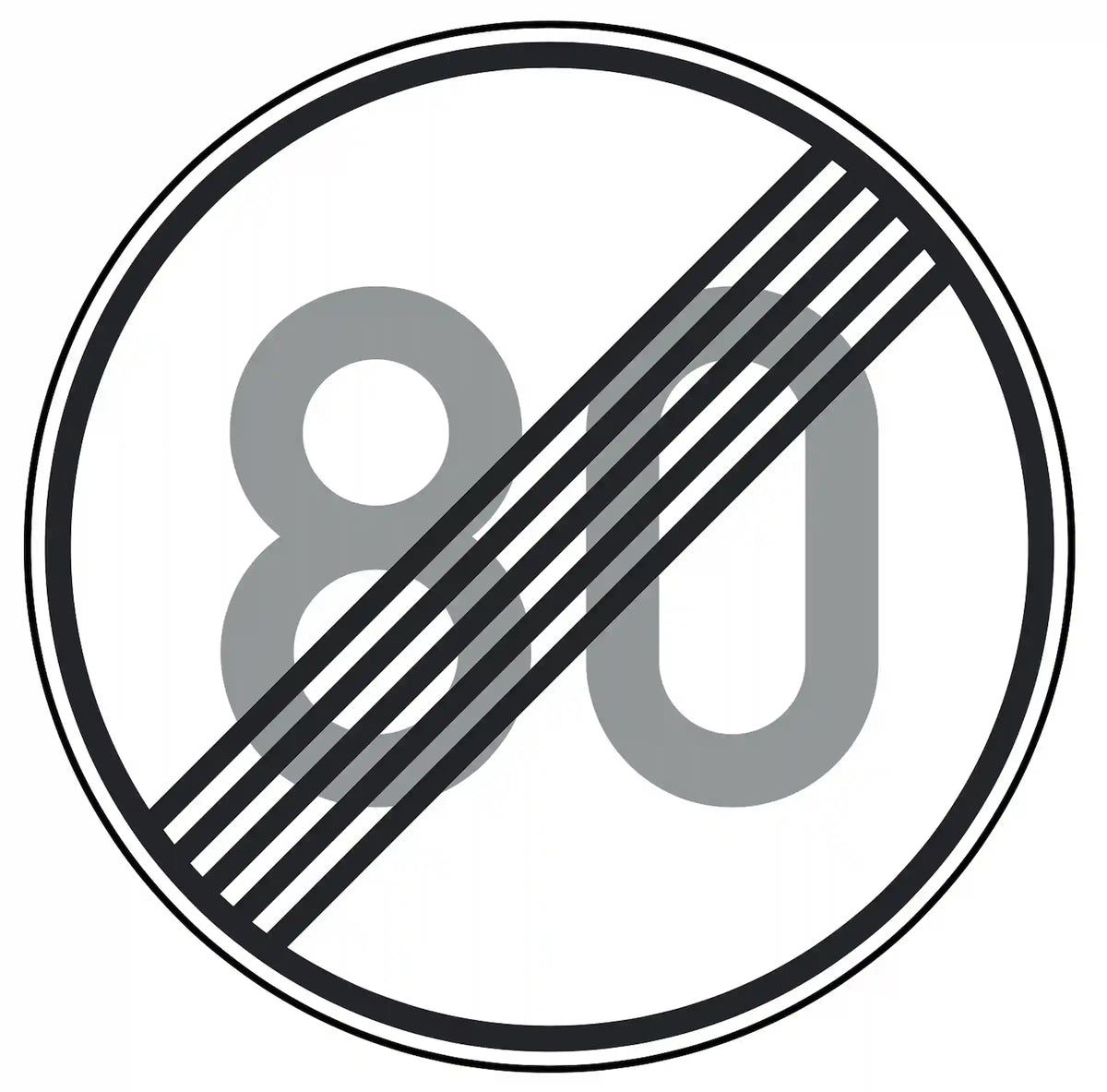 Verkehrszeichen 278-80: Rundschild, durchgestrichene „80“ – Ende der Höchst­geschwindigkeit 80 km/h.