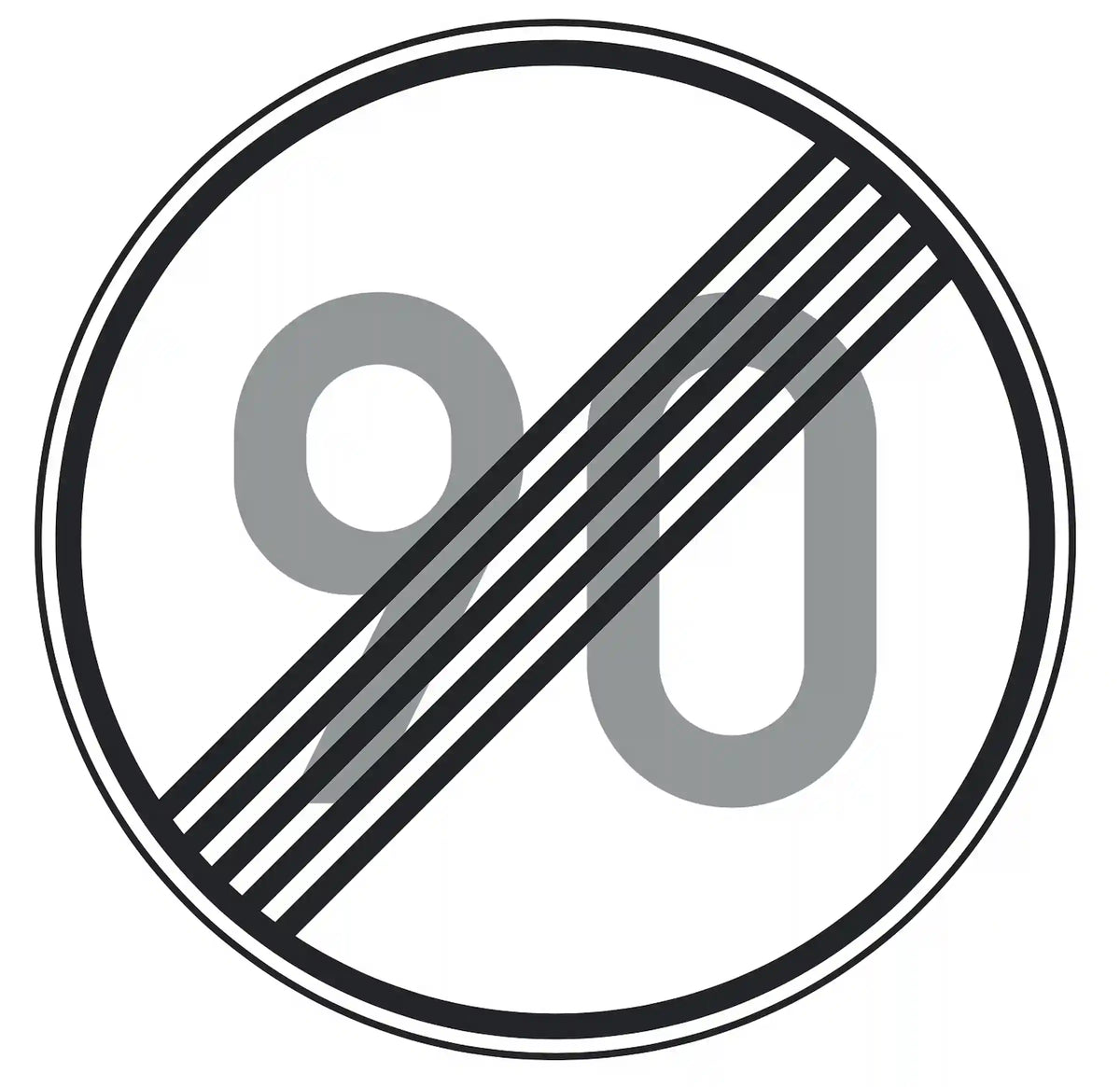 Verkehrszeichen 278-90: Rundschild, durchgestrichene „90“ – Ende der Höchst­­geschwindigkeit 90 km/h.“