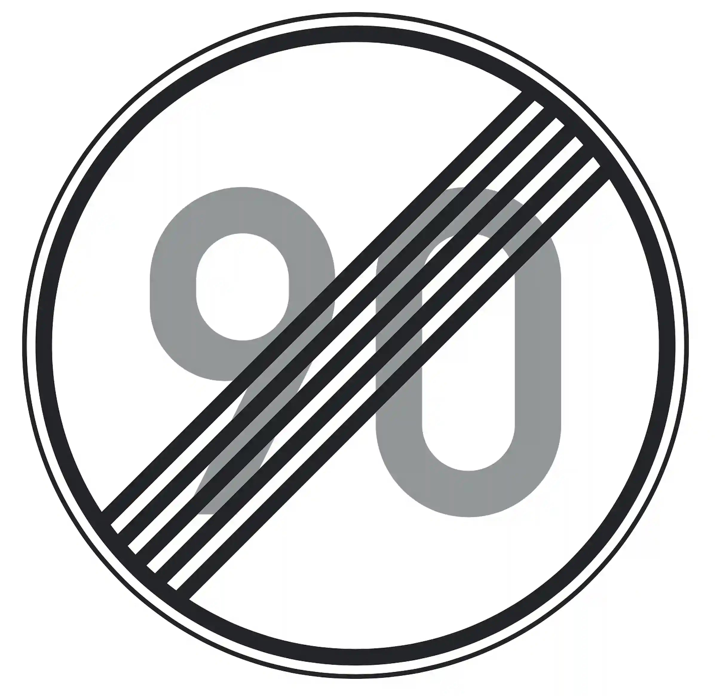 Verkehrszeichen 278-90: Rundschild, durchgestrichene „90“ – Ende der Höchst­­geschwindigkeit 90 km/h.“