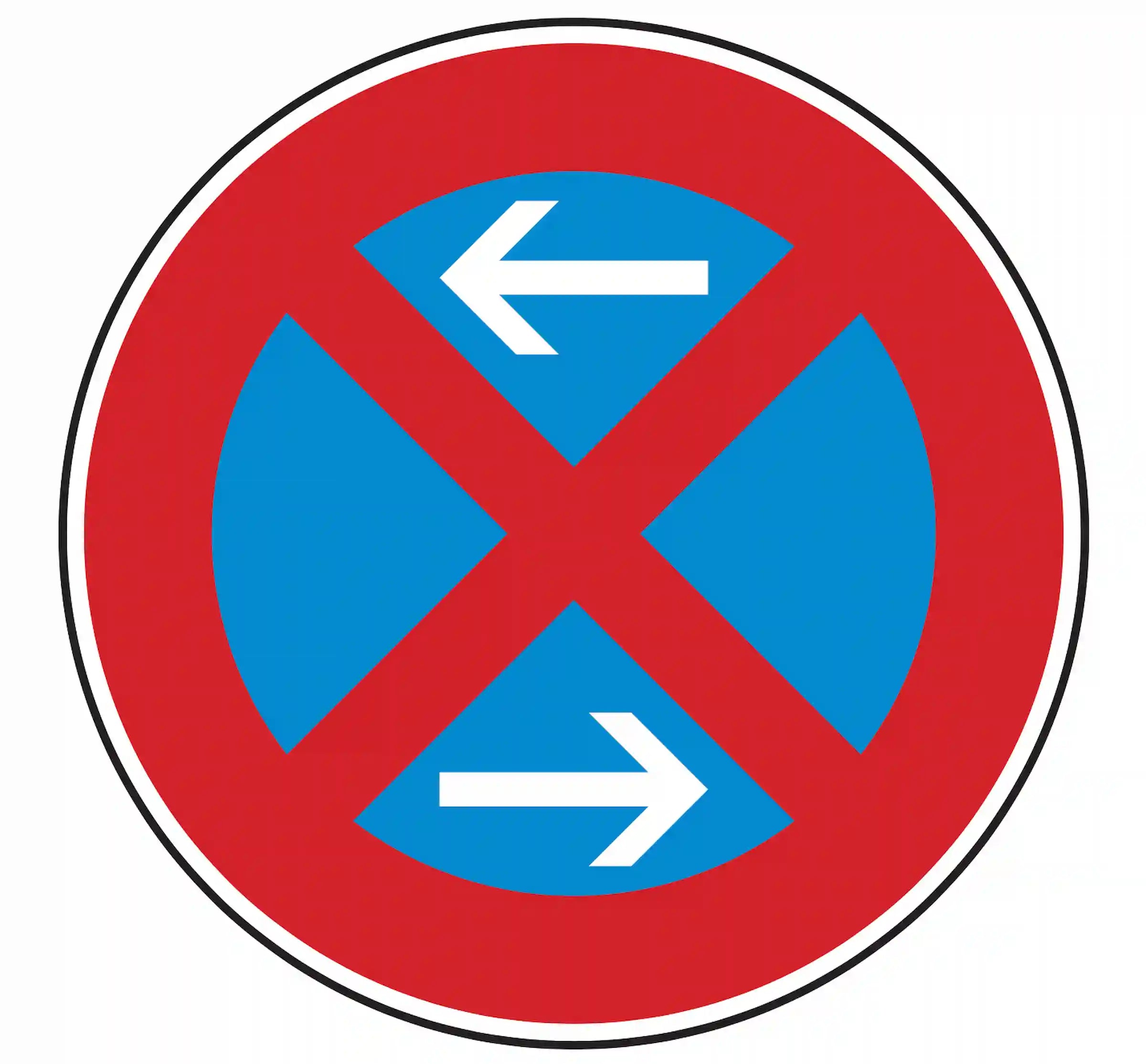 Verkehrszeichen 283-30: blaues Haltverbot-Schild mit zwei weißen Pfeilen – Mitte der Halteverbotszone (rechts).