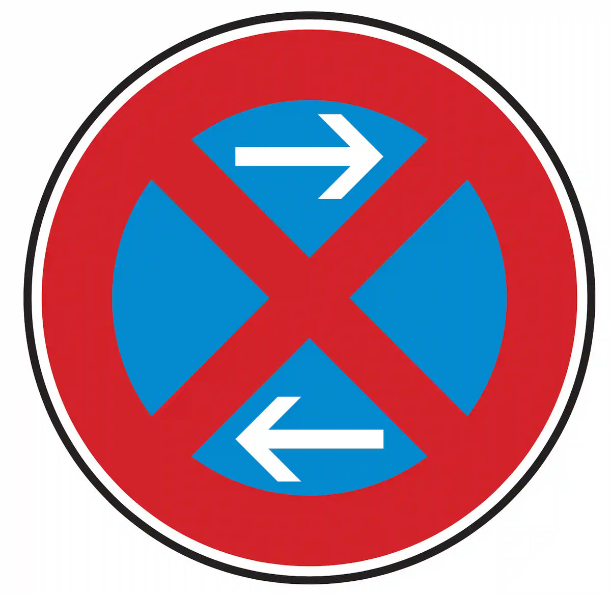VZ 283-31: blaues Haltverbot-Schild mit zwei weißen Pfeilen – Mitte der Halteverbotszone (links).