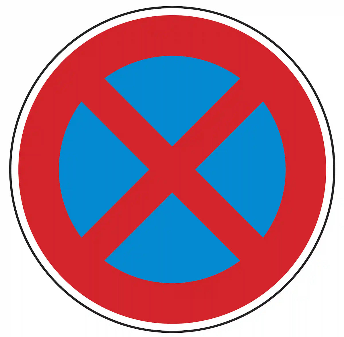 Verkehrszeichen 283: blaues Rundschild, rotes Kreuz – absolutes Haltverbot auf dieser Straßenseite.