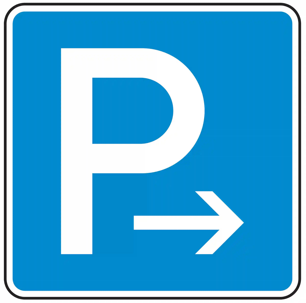 Verkehrszeichen 314-20 – weißes P auf blauem Grund mit Pfeil nach links oder rechts – zeigt je nach Aufstellung den Anfang oder das Ende eines Parkplatzes an; mögliche Einschränkungen durch Zusatzzeichen zu Parkdauer, Fahrzeugtyp oder Parkberechtigung.