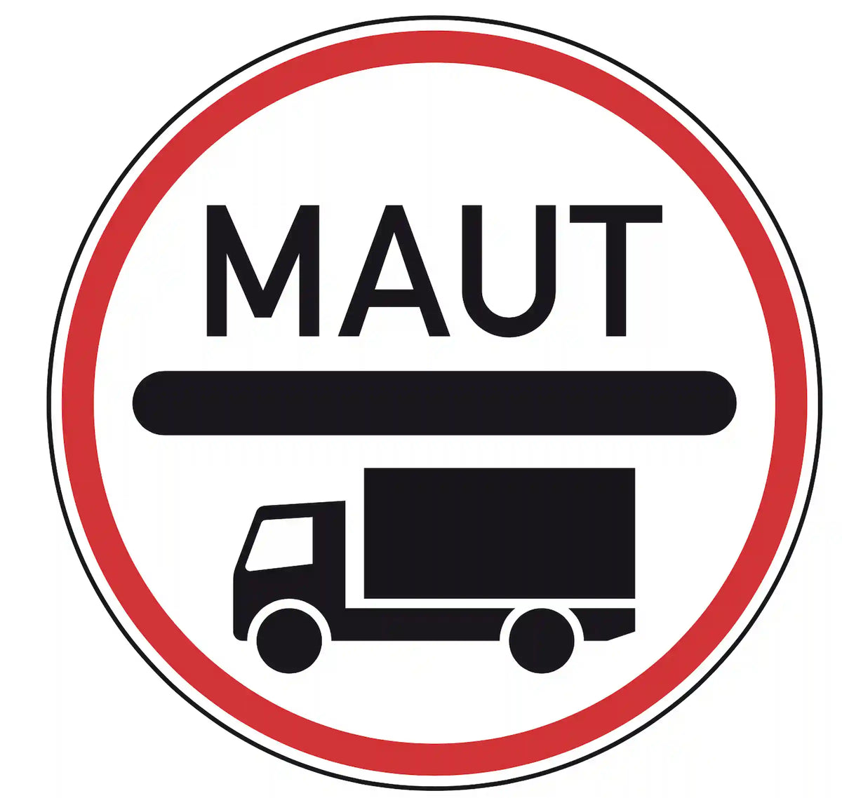 Verkehrszeichen 390: blaues Rechteckschild mit Lkw-Symbol & ‚Maut‘ – maut­pflichtige Strecke.