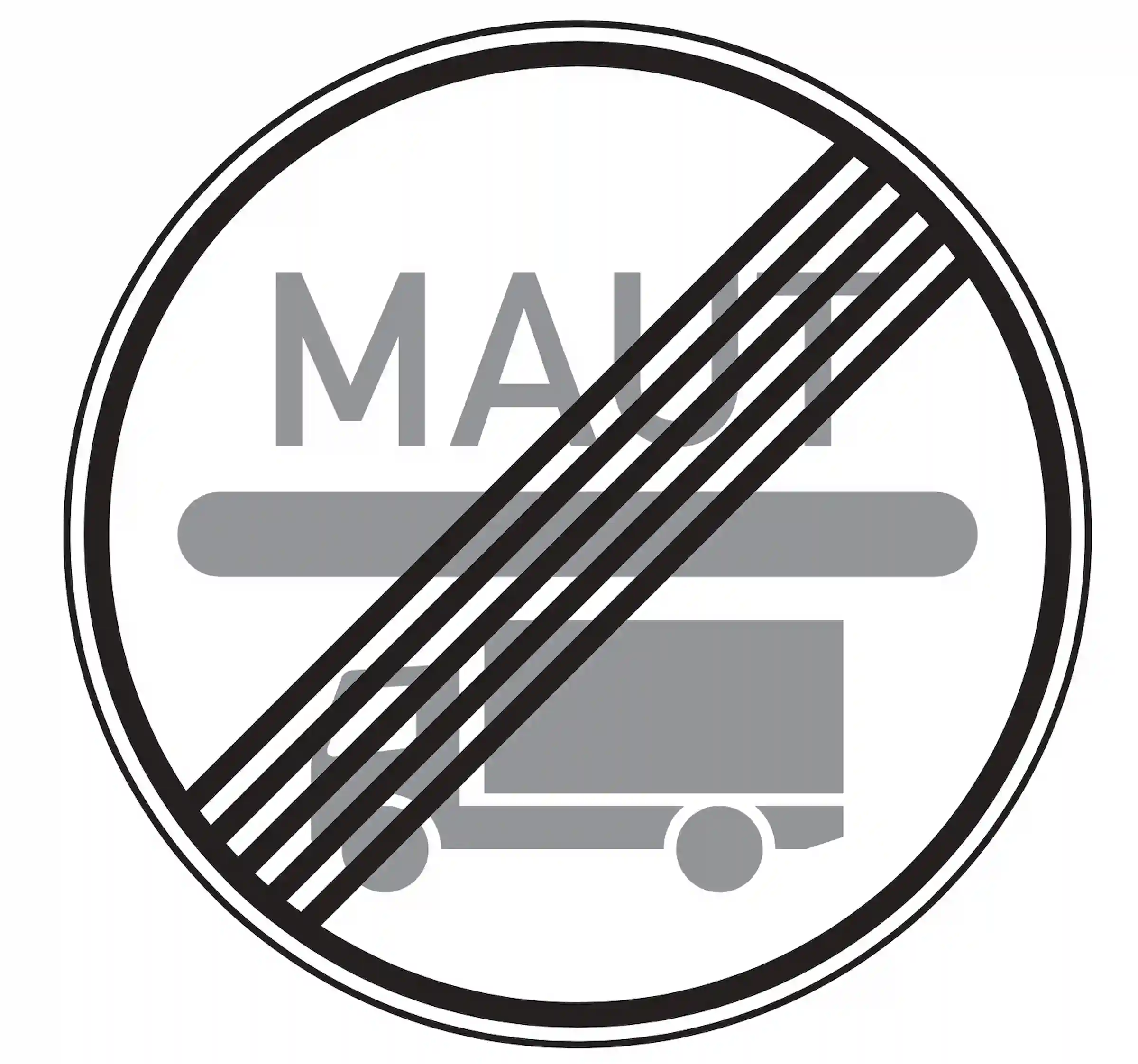 Verkehrszeichen 390.2: blaues Maut-Schild, durchgestrichener Lkw – Ende der Maut­pflicht.
