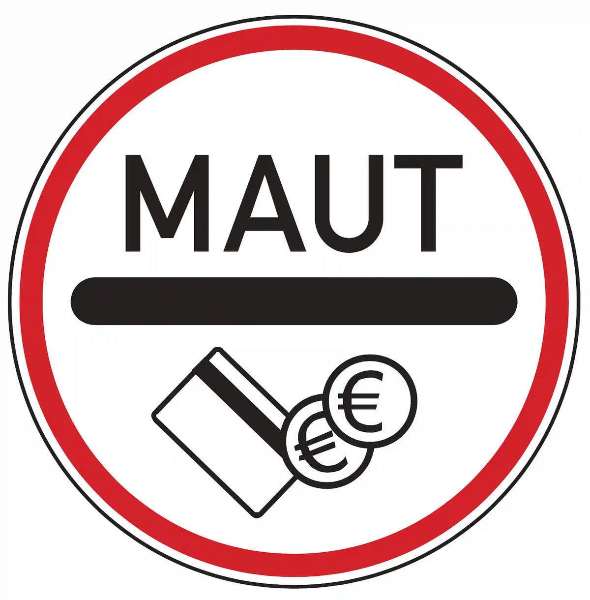 Verkehrszeichen 391: blaues Rechteckschild, Pkw + Münze – maut­pflichtiger Strecken­abschnitt.