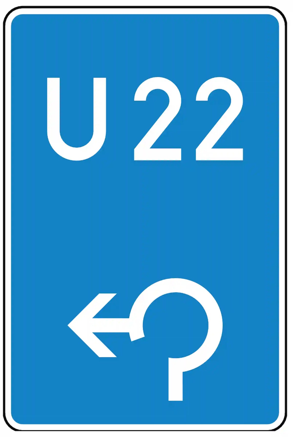 Verkehrszeichen 460-13: Bedarfsumleitung im Kreisverkehr, links. Weißer Richtungspfeil auf blauem Grund mit Umleitungsnummer – leitet bei Stau oder Sperrung im Kreisverkehr auf eine Ausweichstrecke.